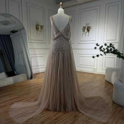 Vestidos de noche árabes color nude, corte A, tirantes finos, con cuentas, de lujo, estilo Dubái, para mujer, para boda, fiesta, 2025, LA71911L 