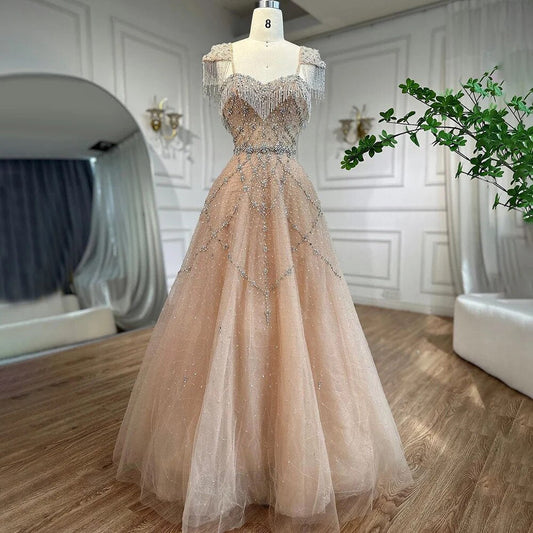 Vestido de noche árabe color nude, corte en A, escote corazón, cuentas, borlas y encaje para mujer, para boda, fiesta, 2025, LA72214 