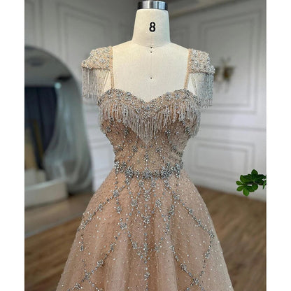 Vestido de noche árabe color nude, corte en A, escote corazón, cuentas, borlas y encaje para mujer, para boda, fiesta, 2025, LA72214 