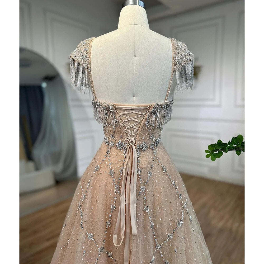 Vestido de noche árabe color nude, corte en A, escote corazón, cuentas, borlas y encaje para mujer, para boda, fiesta, 2025, LA72214 