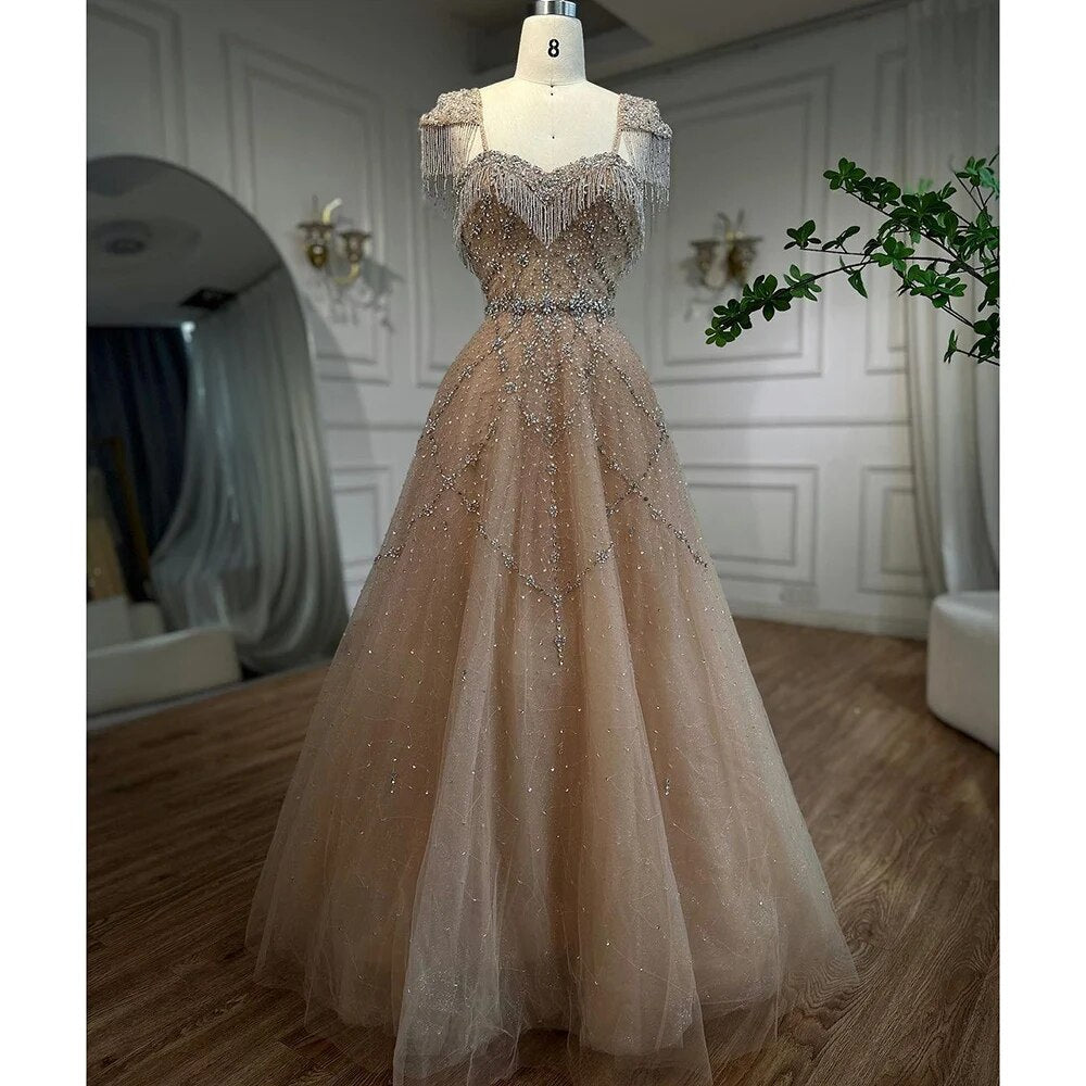 Vestido de noche árabe color nude, corte en A, escote corazón, cuentas, borlas y encaje para mujer, para boda, fiesta, 2025, LA72214 