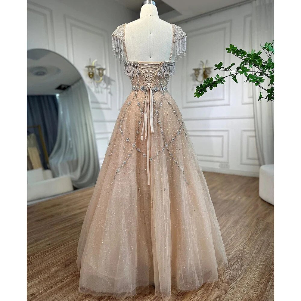 Vestido de noche árabe color nude, corte en A, escote corazón, cuentas, borlas y encaje para mujer, para boda, fiesta, 2025, LA72214 