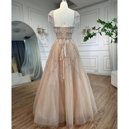 Vestido de noche árabe color nude, corte en A, escote corazón, cuentas, borlas y encaje para mujer, para boda, fiesta, 2025, LA72214 