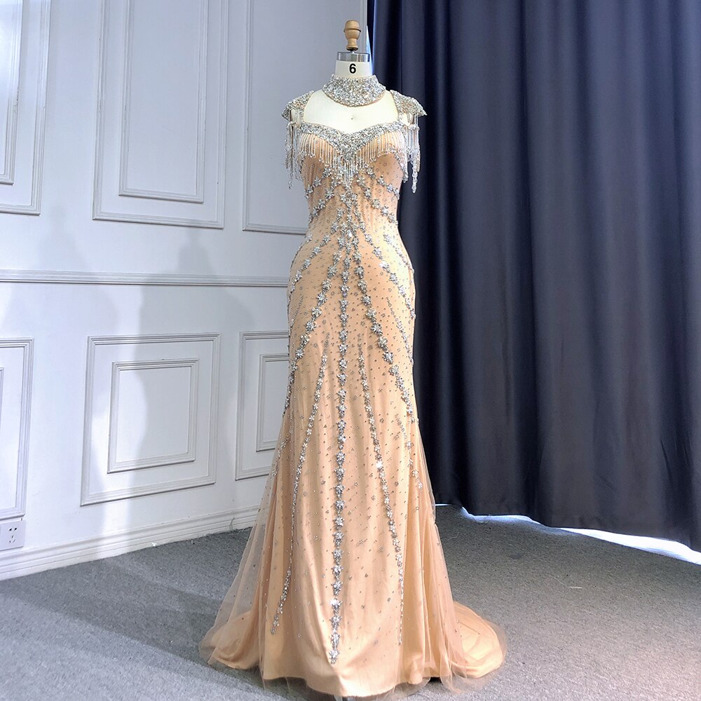 En oferta, sin devolución ni reembolso, elegante vestido de noche estilo sirena, estilo árabe, con escote en forma de corazón, de lujo, con borlas y cuentas, para mujer, fiesta, LA71540 