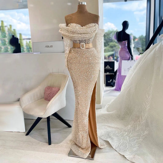 Elegante vestido de noche árabe de Dubái con un solo hombro y cuentas, ideal para bodas y fiestas 2025 LA72318D 