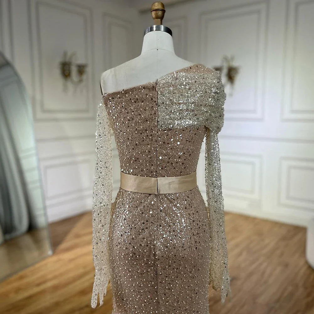 Elegante vestido de noche árabe de Dubái con un solo hombro y cuentas, ideal para bodas y fiestas 2025 LA72318D 