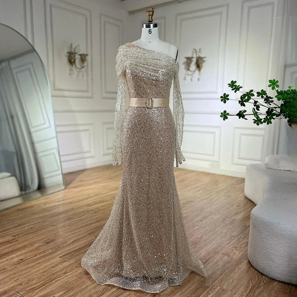 Elegante vestido de noche árabe de Dubái con un solo hombro y cuentas, ideal para bodas y fiestas 2025 LA72318D 