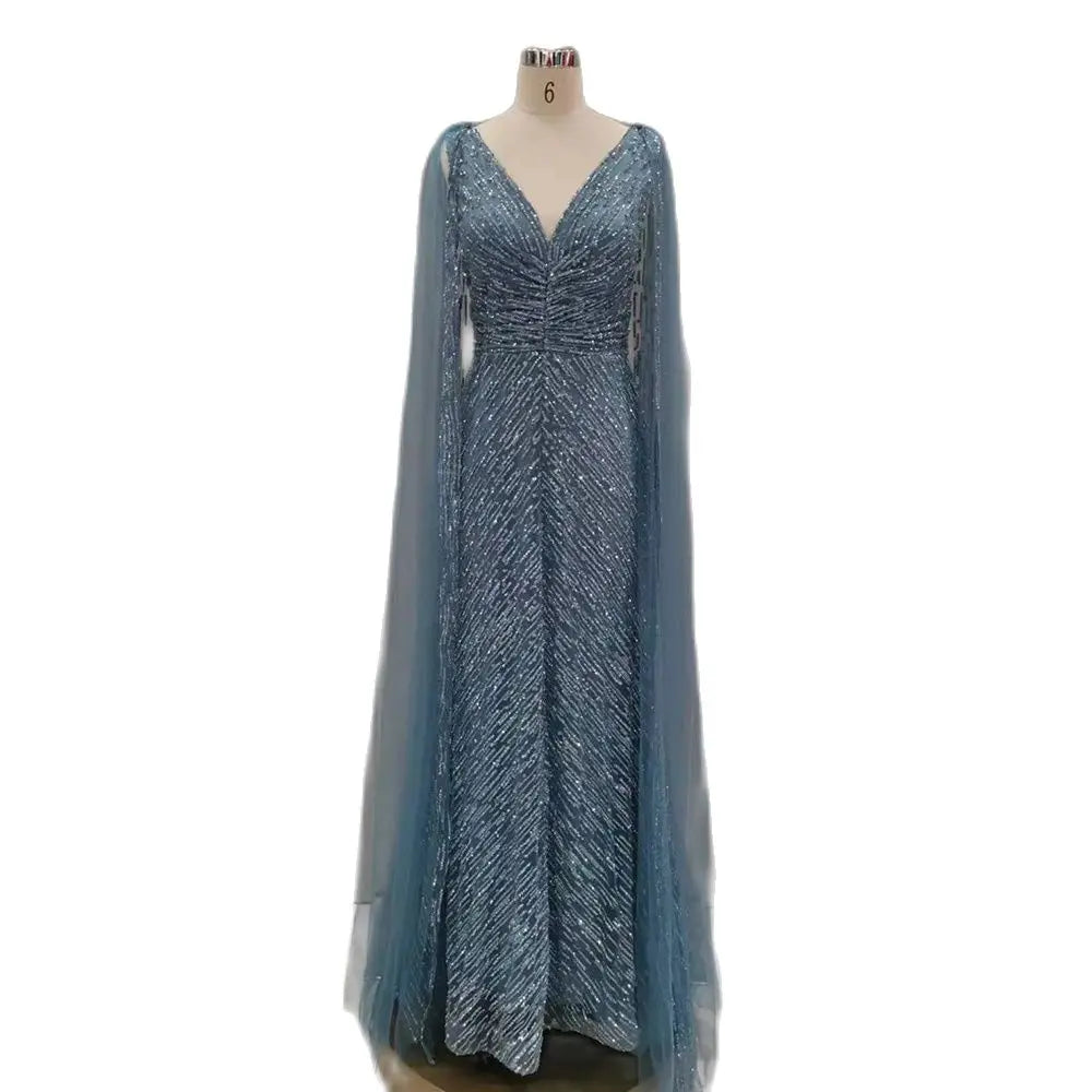 Vestidos de noche árabes de lujo color piel con mangas capa, corte A, con cuentas y corte en A para boda de mujer 2025 LA72573 