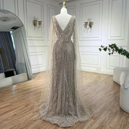 Vestidos de noche árabes de lujo color piel con mangas capa, corte A, con cuentas y corte en A para boda de mujer 2025 LA72573 