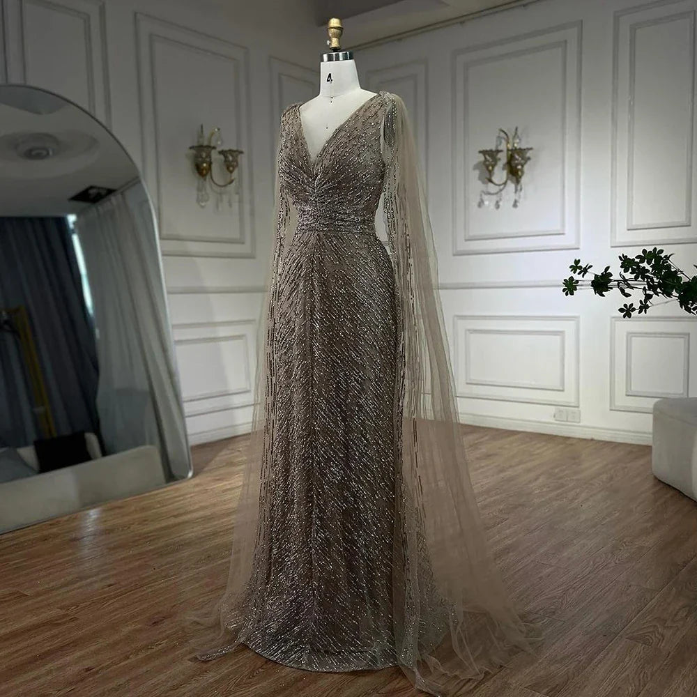 Vestidos de noche árabes de lujo color piel con mangas capa, corte A, con cuentas y corte en A para boda de mujer 2025 LA72573 