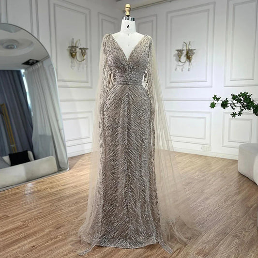 Vestidos de noche árabes de lujo color piel con mangas capa, corte A, con cuentas y corte en A para boda de mujer 2025 LA72573 