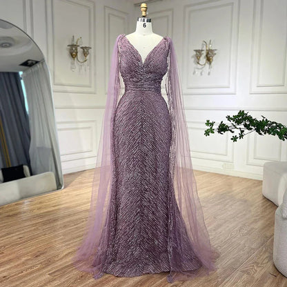 Vestidos de noche árabes de lujo color piel con mangas capa, corte A, con cuentas y corte en A para boda de mujer 2025 LA72573 