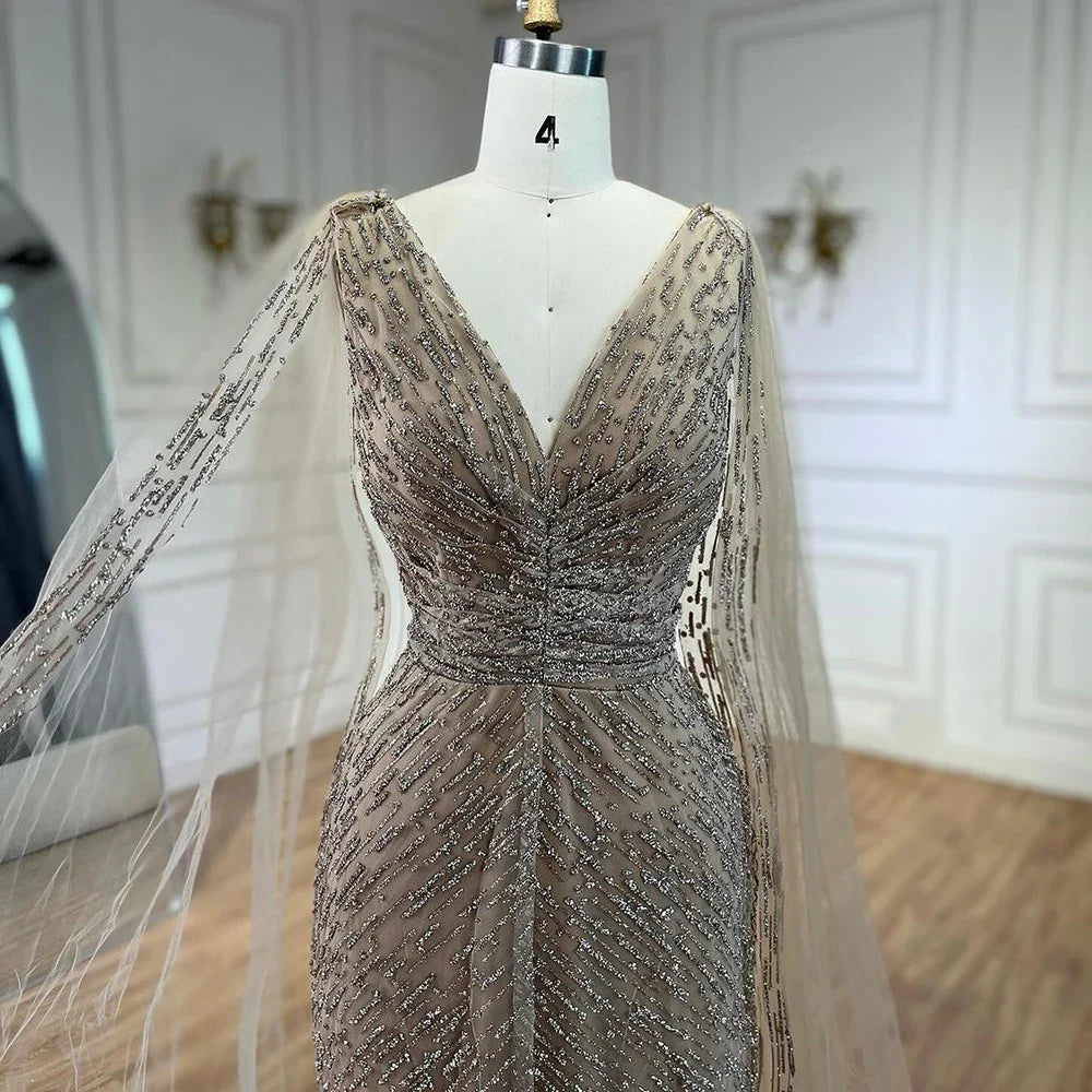 Vestidos de noche árabes de lujo color piel con mangas capa, corte A, con cuentas y corte en A para boda de mujer 2025 LA72573 