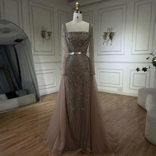 Vestido de noche largo estilo sirena árabe con cuentas, de lujo, estilo Dubái, 2 en 1, con falda y sobrefalda, para mujer, fiesta, 2025, LA72261A 