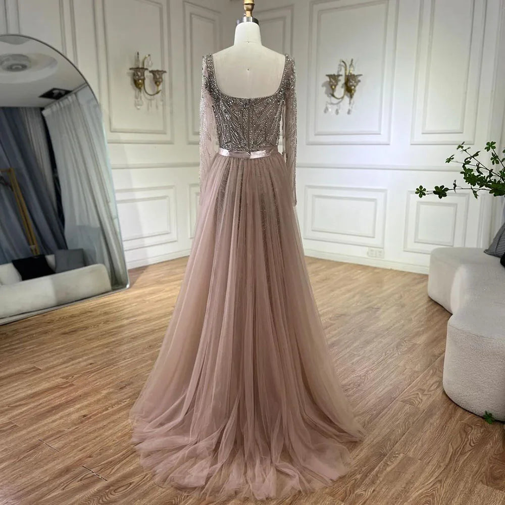 Arabisch Nude Meerjungfrau Perlen Luxus Dubai Langes Abendkleid 2-in-1 Rock mit Überrock Damen Party 2025 LA72261A 