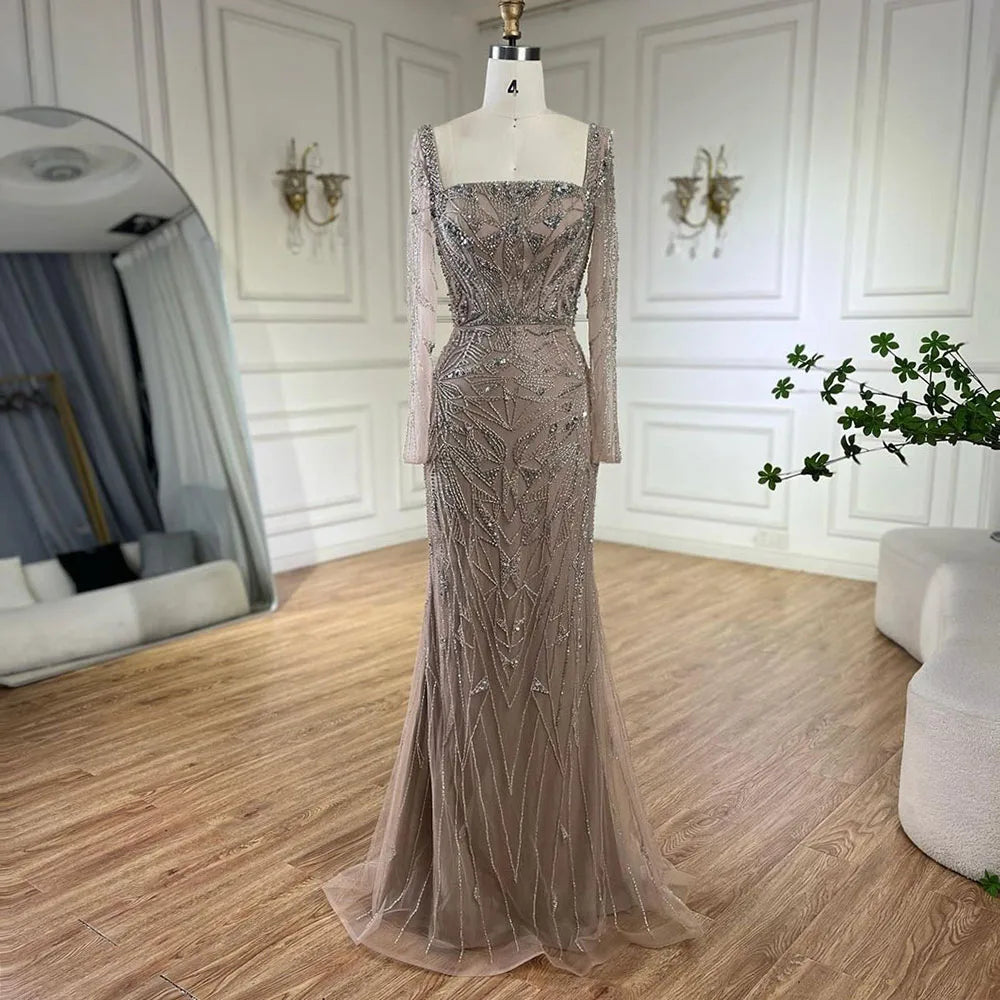 Arabisch Nude Meerjungfrau Perlen Luxus Dubai Langes Abendkleid 2-in-1 Rock mit Überrock Damen Party 2025 LA72261A 