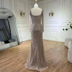Arabisch Nude Meerjungfrau Perlen Luxus Dubai Langes Abendkleid 2-in-1 Rock mit Überrock Damen Party 2025 LA72261A 
