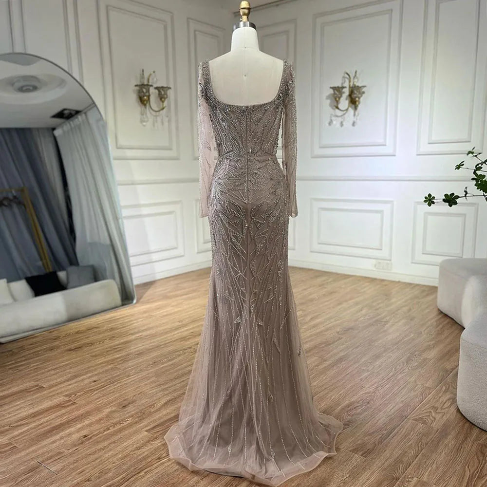 Arabic Nude Mermaid Beaded Luxury Dubai Long Evening Dress 2-in-1 Skirt with Overskirt Women's Party 2025 LA72261A