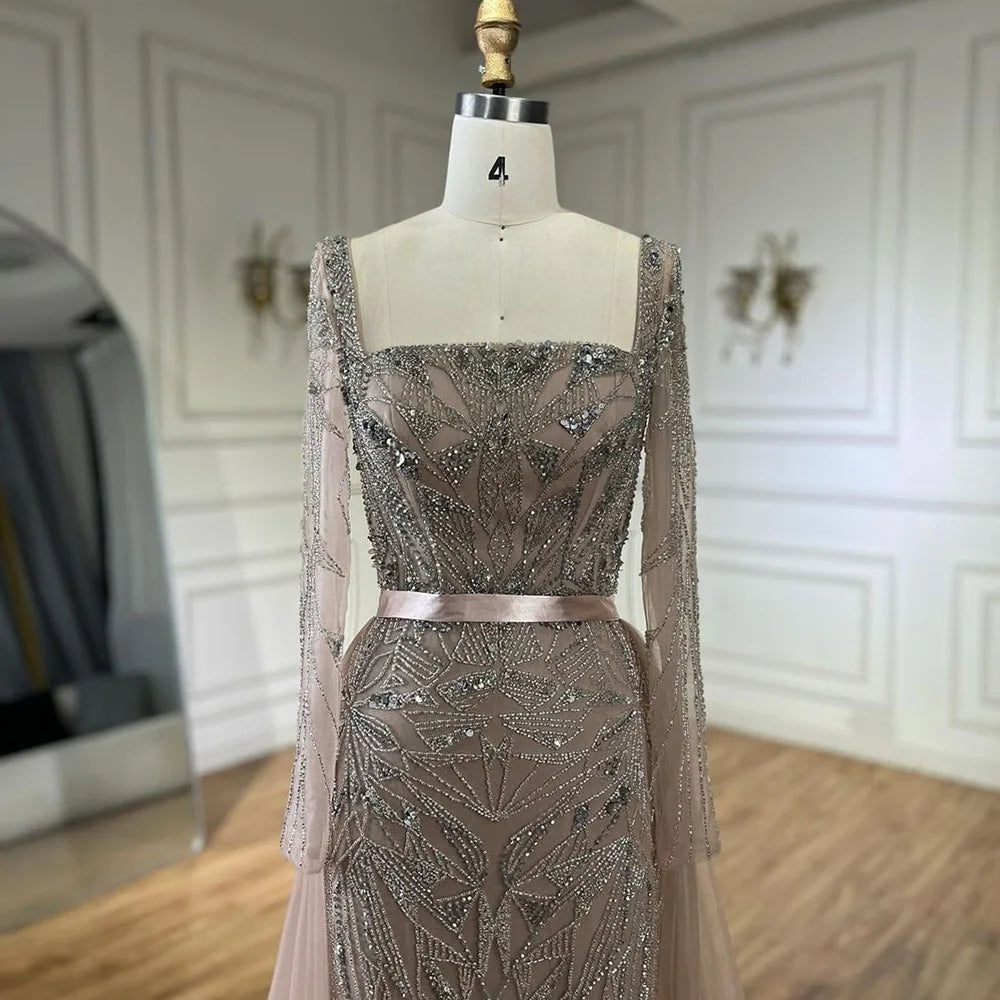 Arabisch Nude Meerjungfrau Perlen Luxus Dubai Langes Abendkleid 2-in-1 Rock mit Überrock Damen Party 2025 LA72261A 