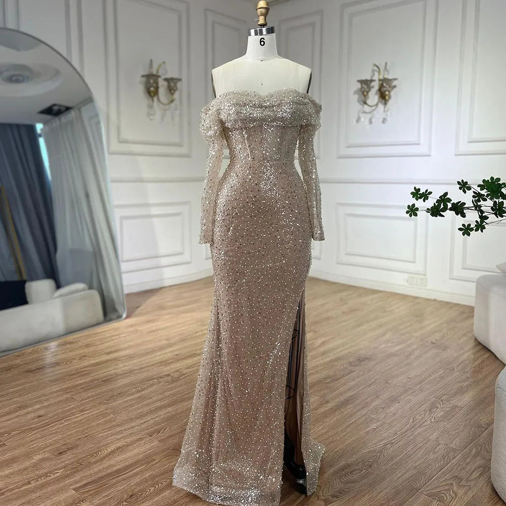 Arabic Nude Mermaid Boat Neck Beaded Luxury Dubai Evening Dresses Gowns For Women Wedding Party 2025 LA72318A