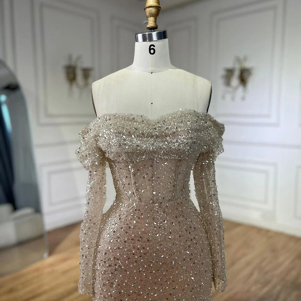 Vestidos de noche de lujo estilo sirena árabe con escote barco y cuentas, para mujer, estilo Dubái, para boda, 2025, LA72318A 