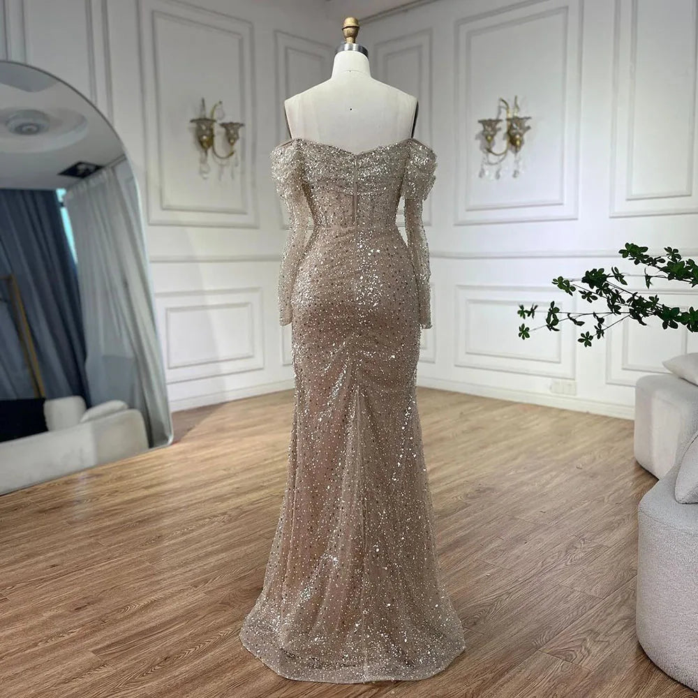 Vestidos de noche de lujo estilo sirena árabe con escote barco y cuentas, para mujer, estilo Dubái, para boda, 2025, LA72318A 
