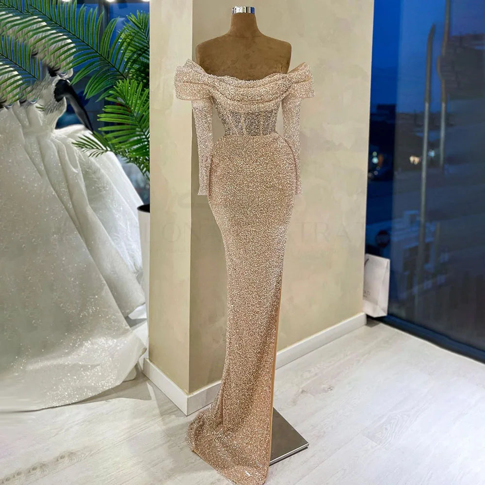 Arabic Nude Mermaid Boat Neck Beaded Luxury Dubai Evening Dresses Gowns For Women Wedding Party 2025 LA72318A