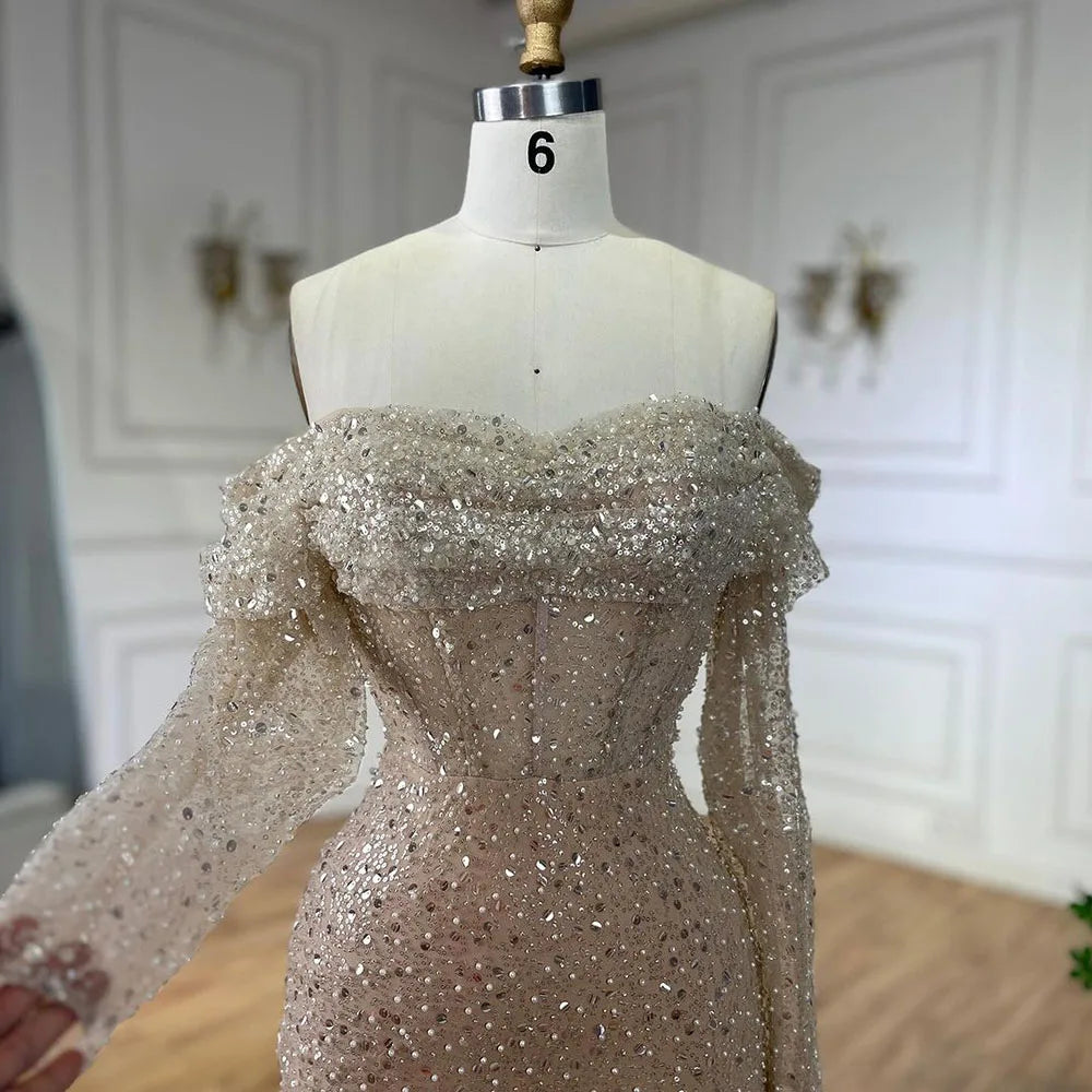 Vestidos de noche de lujo estilo sirena árabe con escote barco y cuentas, para mujer, estilo Dubái, para boda, 2025, LA72318A 