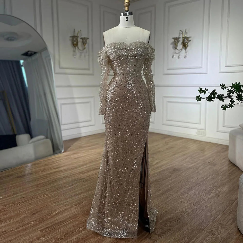 Vestidos de noche de lujo estilo sirena árabe con escote barco y cuentas, para mujer, estilo Dubái, para boda, 2025, LA72318A 
