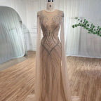 Elegante vestido de noche árabe de sirena color nude con mangas tipo capa y cuentas, vestidos de lujo 2025 para mujer, fiesta de bodas LA72165 
