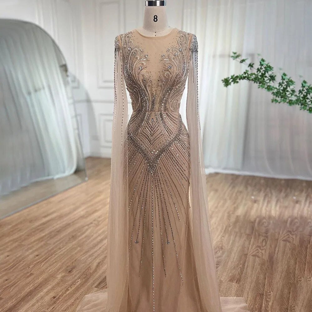Elegante vestido de noche árabe de sirena color nude con mangas tipo capa y cuentas, vestidos de lujo 2025 para mujer, fiesta de bodas LA72165 