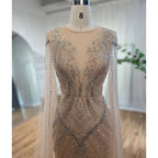 Elegante vestido de noche árabe de sirena color nude con mangas tipo capa y cuentas, vestidos de lujo 2025 para mujer, fiesta de bodas LA72165 