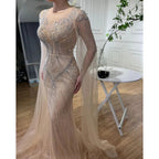 Elegante vestido de noche árabe de sirena color nude con mangas tipo capa y cuentas, vestidos de lujo 2025 para mujer, fiesta de bodas LA72165 