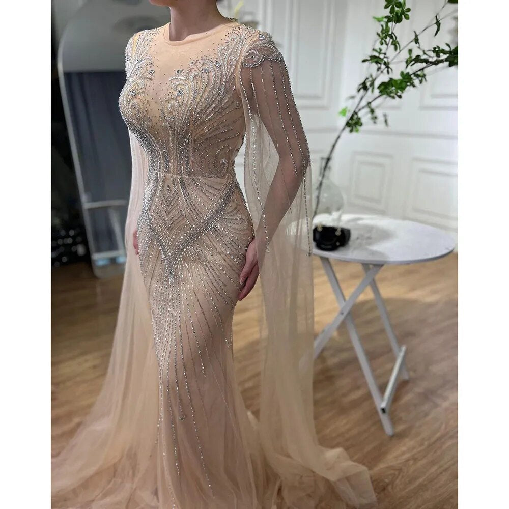 Elegante vestido de noche árabe de sirena color nude con mangas tipo capa y cuentas, vestidos de lujo 2025 para mujer, fiesta de bodas LA72165 