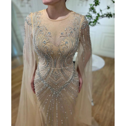 Elegante vestido de noche árabe de sirena color nude con mangas tipo capa y cuentas, vestidos de lujo 2025 para mujer, fiesta de bodas LA72165 