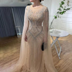 Elegante vestido de noche árabe de sirena color nude con mangas tipo capa y cuentas, vestidos de lujo 2025 para mujer, fiesta de bodas LA72165 