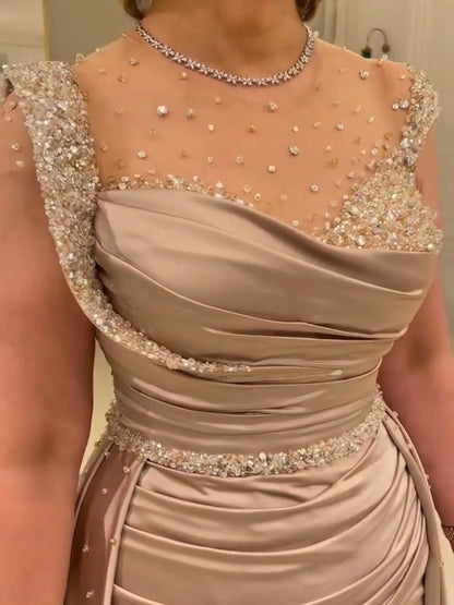 Elegante vestido de noche árabe de sirena color nude con sobrefalda de satén y cuentas, para mujer, 2025, para fiesta, LA71725 
