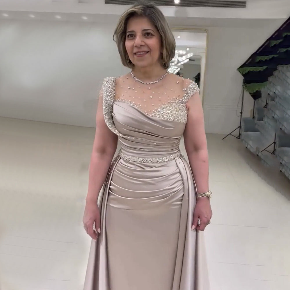 Elegante vestido de noche árabe de sirena color nude con sobrefalda de satén y cuentas, para mujer, 2025, para fiesta, LA71725 