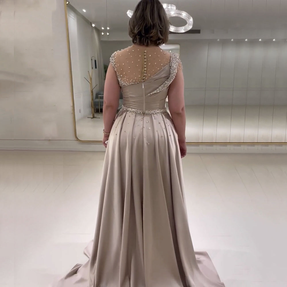 Elegante vestido de noche árabe de sirena color nude con sobrefalda de satén y cuentas, para mujer, 2025, para fiesta, LA71725 