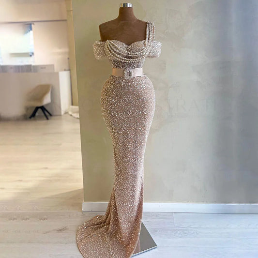 Vestido de noche árabe estilo sirena con un solo hombro y cuentas, de lujo, estilo Dubái, para mujer, para boda, fiesta, 2025, LA72318B 