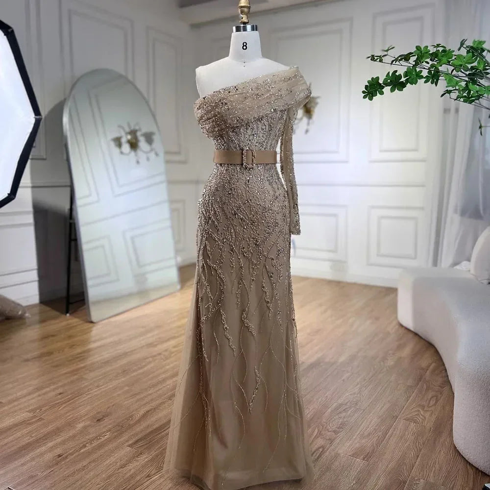 Vestidos de noche de lujo estilo sirena árabe con un solo hombro y cuentas, estilo Dubái, para mujer, para boda, fiesta, 2025, LA72161 