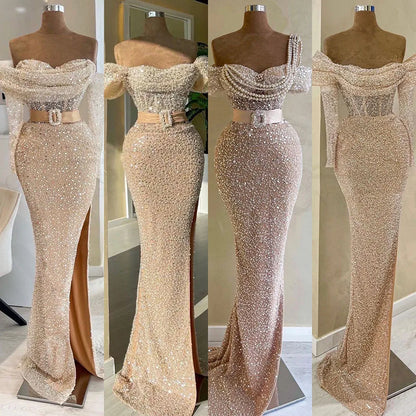 Vestido de noche árabe estilo sirena con un solo hombro y cuentas, de lujo, estilo Dubái, para mujer, para boda, fiesta, 2025, LA72318B 
