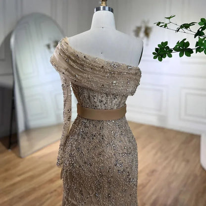 Vestidos de noche de lujo estilo sirena árabe con un solo hombro y cuentas, estilo Dubái, para mujer, para boda, fiesta, 2025, LA72161 