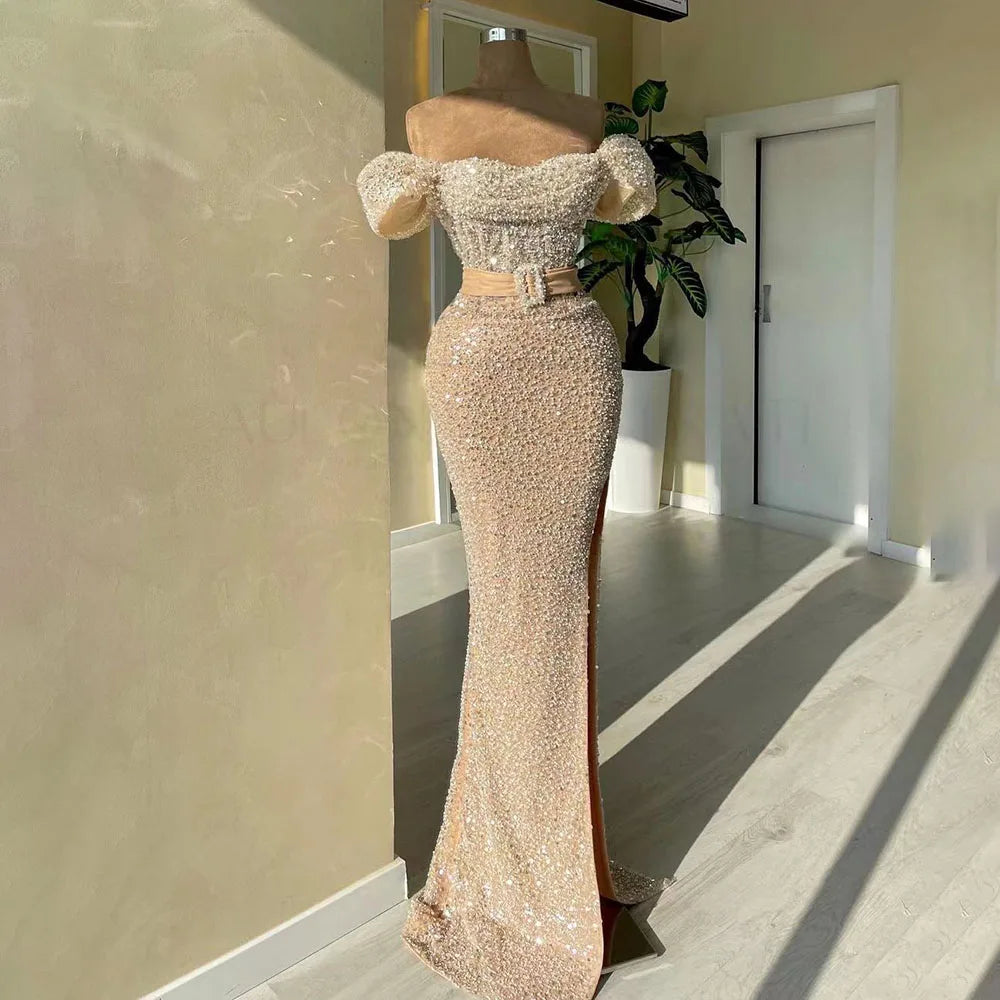Arabic Nude Mermaid One Shoulder Beaded Luxury Dubai Evening Dresses Gowns For Women Wedding Party 2025 LA72318B