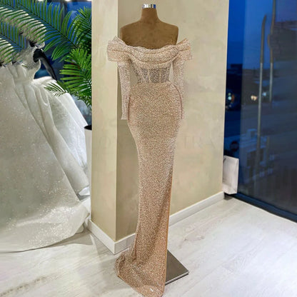 Vestido de noche árabe estilo sirena con un solo hombro y cuentas, de lujo, estilo Dubái, para mujer, para boda, fiesta, 2025, LA72318B 