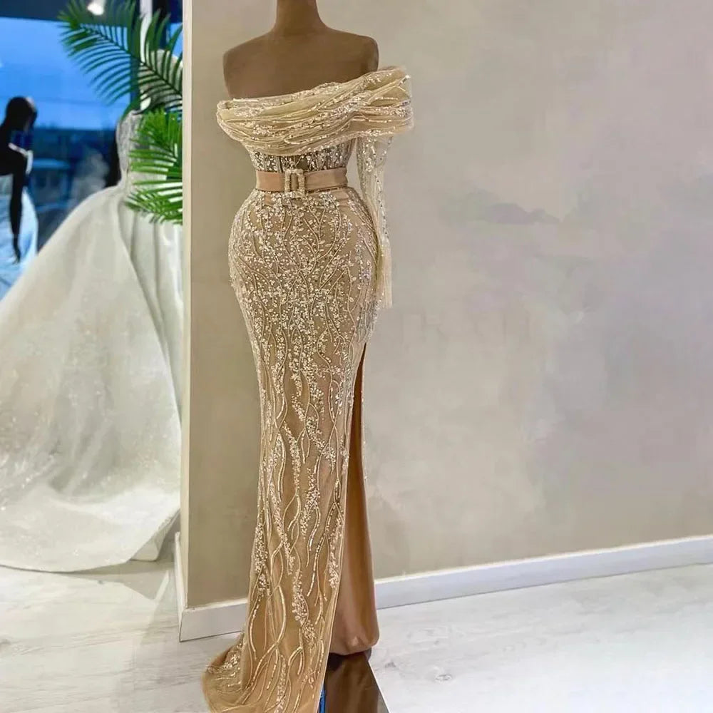 Vestidos de noche de lujo estilo sirena árabe con un solo hombro y cuentas, estilo Dubái, para mujer, para boda, fiesta, 2025, LA72161 