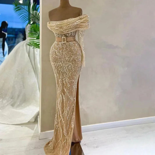 Vestidos de noche de lujo estilo sirena árabe con un solo hombro y cuentas, estilo Dubái, para mujer, para boda, fiesta, 2025, LA72161 