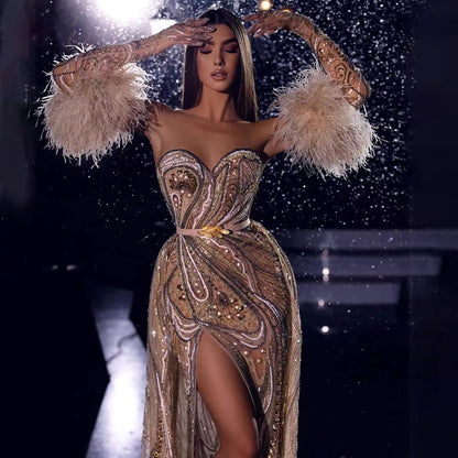Vestido de noche árabe de lujo con escote sirena, sexy, con abertura alta y plumas, largo 2025 para mujer, para fiesta de boda LA71910 
