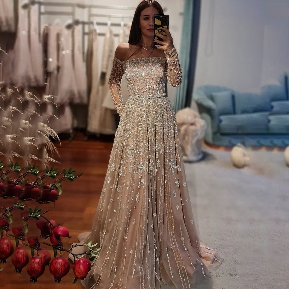 Luxury Dubai Evening Dress Elegant Off Shoulder Long Sleeves LA71803B