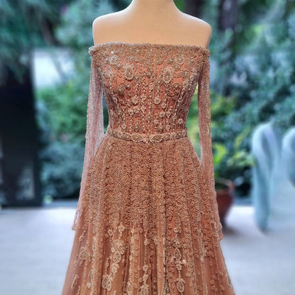 Luxuriöses Dubai Abendkleid, elegant, schulterfrei, lange Ärmel, LA71803B